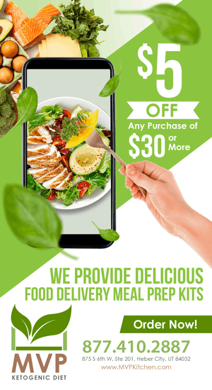 Promotional image for MVP Ketogenic Diet Food Delivery, showing a smartphone displaying a meal kit, promoting a $5 off discount on purchases over $30, emphasizing delicious meal prep kits available for order.