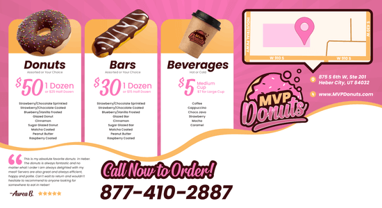 MVP Donuts menu advertisement showing prices for donuts, bars, and beverages with a customer testimonial from Aurea B. praising the donuts. Includes a graphic with the location and contact details for MVP Donuts in Heber City.