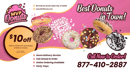 Promotional advertisement for MVP Donuts proclaiming the 'Best Donuts in Town' with a $10 discount offer on orders over $30. Features images of various donuts and provides information on delivery, online ordering, and party trays. Contact information for MVP Donuts in Heber City is also included.