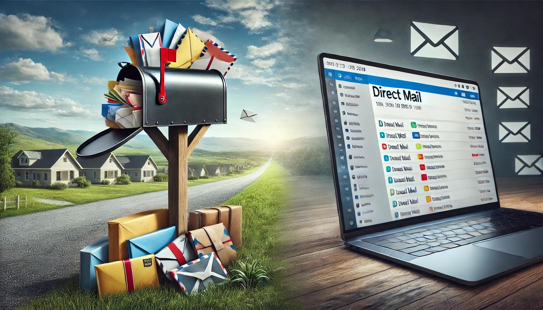 A split-scene conceptual image illustrating the fusion of traditional and digital direct mail marketing methods. On the left side, a rural roadside mailbox is overflowing with a variety of colorful envelopes, letters, and packages, emphasizing the tactile experience of physical mail. The mailbox is perched on a wooden post and is surrounded by green grass and a peaceful suburban neighborhood in the background. On the right side of the image, a sleek, modern laptop sits on a wooden desk, displaying an email inbox interface labeled “Direct Mail,” with multiple digital mail items listed. Floating email icons in white are visible in the background, reinforcing the concept of digital communication. The scene conveys a message about integrating traditional direct mail campaigns with modern digital tracking and automation tools for enhanced marketing impact.