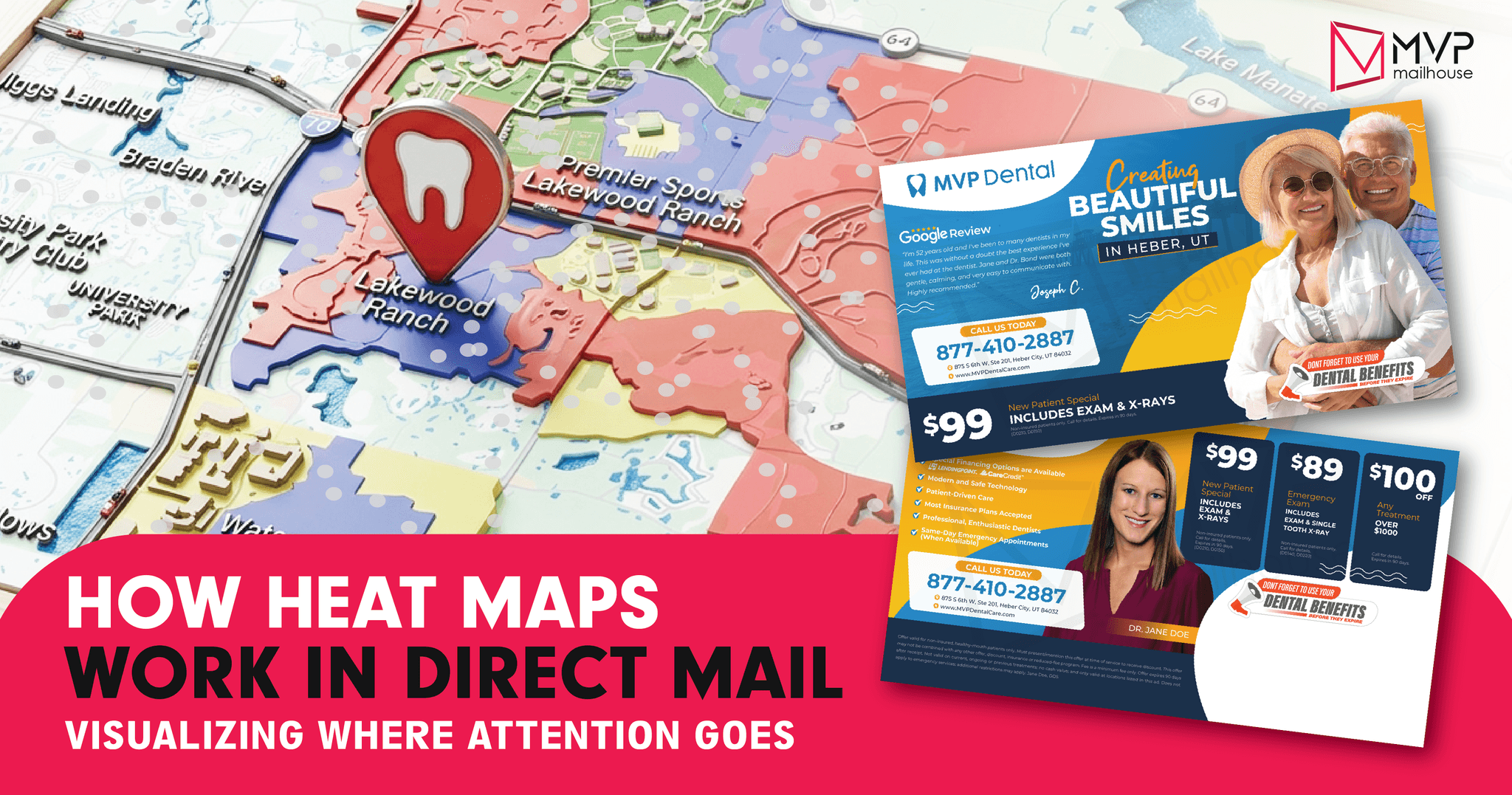 Direct mail marketing graphic showing a geographic heat map with targeted mailing zones and dental direct mail postcards for MVP Dental in Heber, Utah. Image illustrates how heat maps help businesses identify customer attention areas, optimize mailing campaigns, improve local targeting, increase response rates, and drive patient acquisition. Includes dental promotional mailers, demographic targeting visuals, and direct mail analytics for marketing performance optimization.