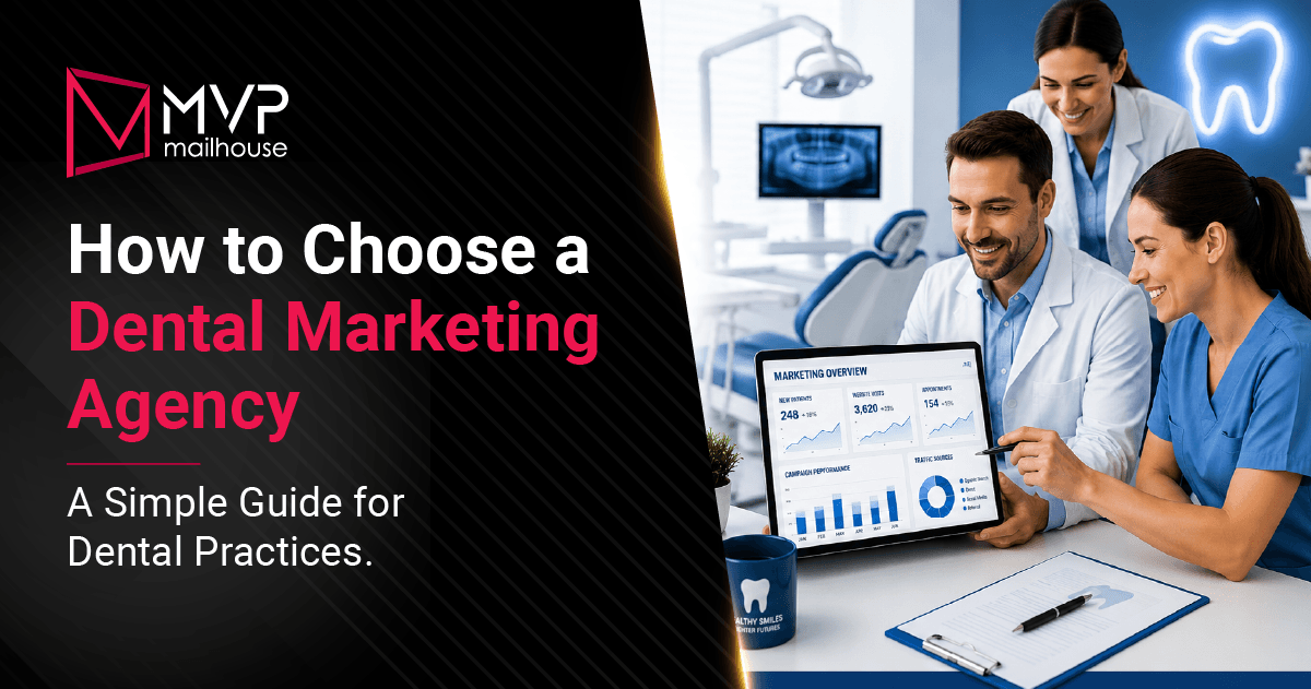 Original File Name: how-to-choose-a-dental-marketing-agency-guide.png SEO-Optimized Alt Text (≤500 characters): How to Choose a Dental Marketing Agency guide by MVP Mailhouse featuring a team of dental professionals reviewing marketing analytics on a tablet in a modern dental office. The graphic highlights key factors for selecting a dental marketing agency, including campaign performance, data-driven strategy, patient acquisition, brand growth, digital and direct mail marketing expertise, measurable ROI, and long-term dental practice success.