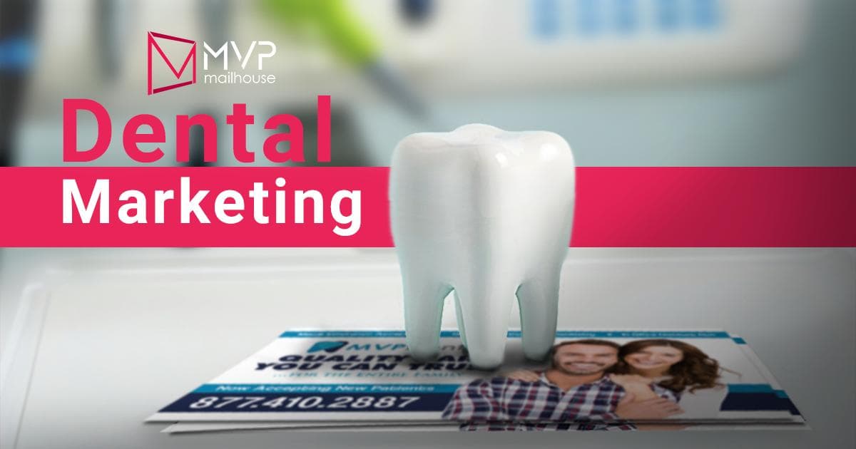 Dental marketing postcard by MVP Mailhouse showing a white ceramic tooth standing on a printed postcard that includes a smiling couple and a phone number for contact. The image features the MVP Mailhouse logo and bold text “Dental Marketing” in bright pink and white. The clean, modern design conveys dental advertising strategies, patient outreach, and postcard-based marketing solutions for dental practices.