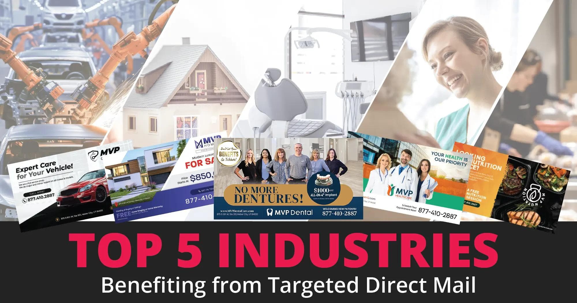 Top 5 Industries Benefiting from Targeted Direct Mail” features a diagonal collage representing five key sectors enhanced by direct mail marketing. From left to right, the image transitions through: (1) automotive, with robotic assembly arms constructing vehicles in a high-tech factory; (2) real estate, with a model home and a small “For Sale” sign in the yard; (3) dentistry, featuring a bright, clean dental chair in a modern operatory; (4) healthcare, where a nurse warmly greets an older patient in a clinic; and (5) food services, showing a professional chef preparing meals in a commercial kitchen.