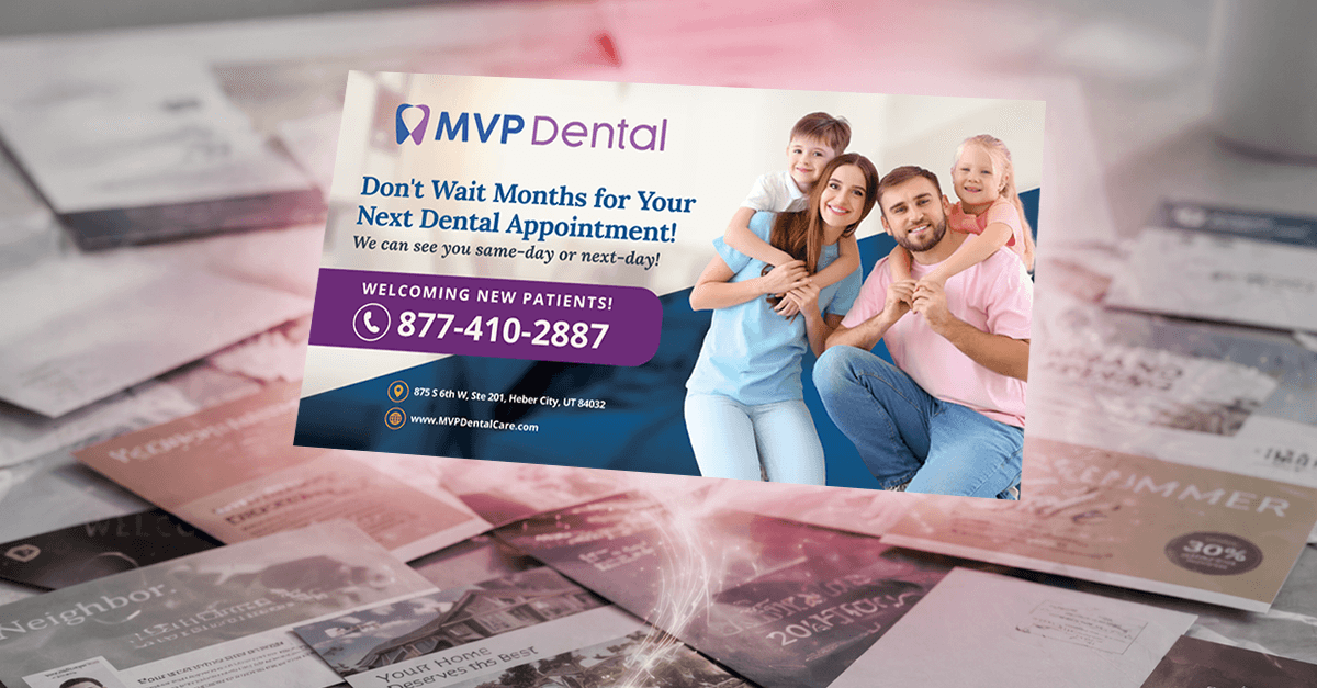 MVP Dental direct mail postcard featuring a smiling family promoting same-day and next-day dental appointments displayed above a collection of marketing mail pieces and promotional postcards. Image represents strategies to increase direct mail response rates through compelling design, family-focused dental advertising, strong calls to action, local healthcare marketing, patient acquisition campaigns, and conversion-driven direct mail solutions for dental practices by MVP Mailhouse.