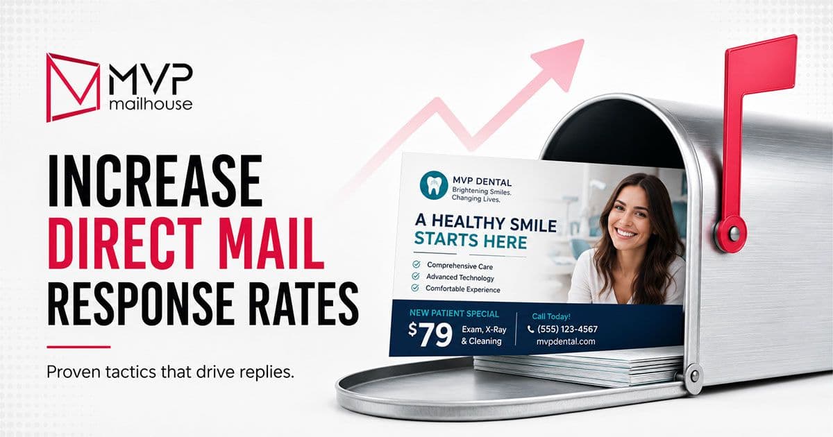Increase Direct Mail Response Rates promotional graphic by MVP Mailhouse featuring the headline "Increase Direct Mail Response Rates – Proven tactics that drive replies." The image shows a branded dental direct mail postcard emerging from a mailbox with an upward growth arrow, symbolizing improved campaign performance and higher engagement. The design represents direct mail marketing best practices, response rate optimization, dental patient acquisition, targeted mailing lists, and measurable marketing ROI.