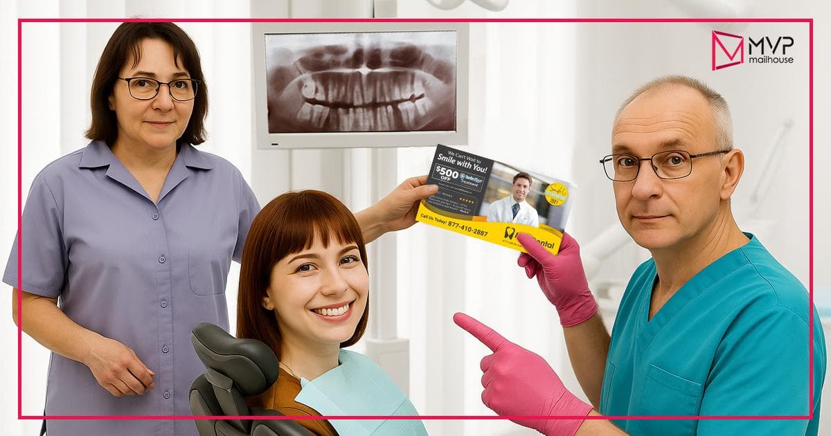Inside a brightly lit dental office, a middle-aged male dentist in teal scrubs and pink gloves points at a yellow dental postcard he’s holding, which promotes a $500 discount on orthodontic treatment. Beside him, a smiling young female patient with straight auburn hair is seated in the dental chair, appearing pleased with the service. Behind her, a female dental assistant in purple scrubs stands with a calm, professional demeanor. An X-ray of teeth is visible on a monitor in the background. The postcard includes a headshot of another smiling doctor, a bold discount offer, and the MVP Dental logo with a call-to-action phone number (877-410-2887). The MVP Mailhouse logo is placed in the upper-right corner, framed by a hot pink border around the image. The setting and expressions collectively emphasize patient satisfaction, modern dental care, and the promotional power of printed mail marketing.