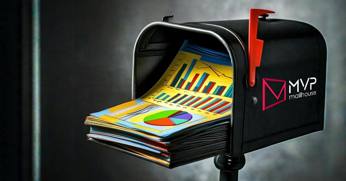 A modern black mailbox with its red flag raised is packed full with vibrant, oversized printed reports and charts, including colorful bar graphs, pie charts, and line graphs spilling outward. These documents symbolize marketing performance data and analytics. The background is a smooth gray gradient that emphasizes the stark contrast of the colorful analytics materials. On the front side of the mailbox is the MVP Mailhouse logo in white and pink. The visual metaphor highlights the fusion of direct mail and data-driven marketing, implying that detailed analytics are a vital component delivered right to the hands of dental marketers.