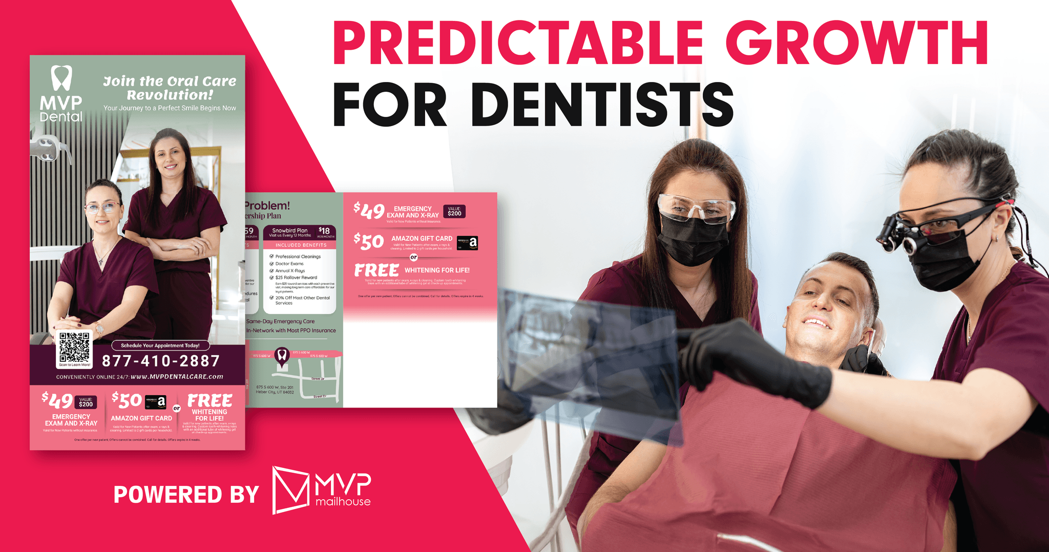 Dental marketing promotional graphic featuring two female dental professionals reviewing patient X-rays with a smiling male patient in a modern dental clinic. Image includes direct mail dental postcards, membership plan advertisements, emergency dental exam offers, Amazon gift card promotions, and whitening incentives designed to help dental practices achieve predictable growth, patient acquisition, retention, and dental marketing success through MVP Mailhouse services.