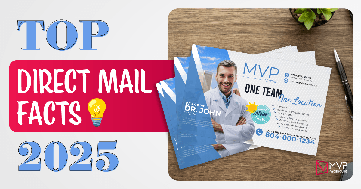 Postcard image for MVP Mailhouse promoting dental direct mail marketing in 2025. Main headline reads “Top Direct Mail Facts 2025.” The design includes a bright, modern dental postcard featuring a smiling male dentist in a white coat. Text highlights MVP Dental services including implants, wisdom tooth extractions, bone grafts, dentures, and cosmetic restoration. The postcard encourages patients to “Call for an appointment today” at 804-000-1234. Branding for MVP Mailhouse is visible in the corner, with a clean, professional layout placed on a wooden desk with a pen and potted plant.