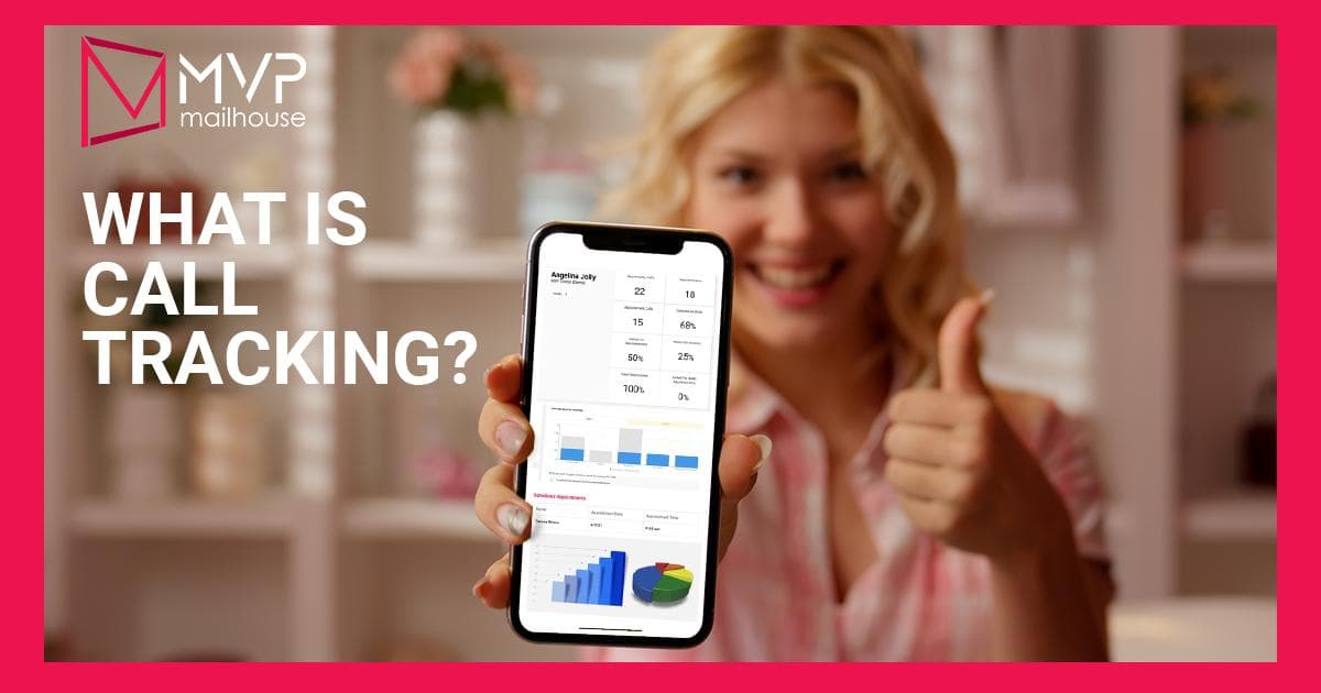 A smiling blonde woman with long hair and a pink plaid shirt holds up a smartphone with one hand and gives a thumbs-up with the other, seated in a warmly lit interior with softly blurred shelves in the background. The phone screen displays a call tracking analytics dashboard labeled “Angelina Jolly,” featuring numerical data such as 22 opportunity calls, 18 appointments, and visual bar and pie charts representing call outcomes and performance metrics. Large bold white text on the left reads “WHAT IS CALL TRACKING?” with the MVP Mailhouse logo in the top-left corner. The image is framed with a vibrant pink border, reinforcing the brand’s identity. The visual communicates the benefits and simplicity of using call tracking software to monitor marketing effectiveness and improve appointment conversion for dental practices.