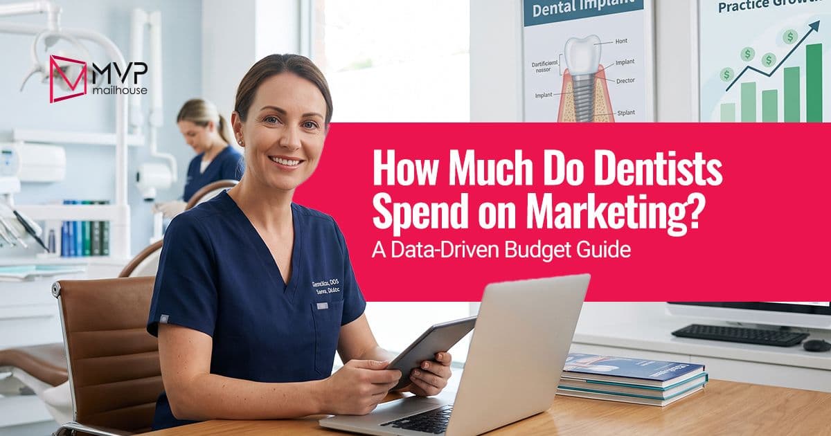 Dental marketing budget guide graphic featuring a dentist at her desk with a laptop and tablet inside a modern dental practice. The image highlights how much dentists spend on marketing, with dental implant and practice growth charts in the background, representing data-driven budgeting, patient acquisition, marketing costs, and strategies for growing a dental practice.