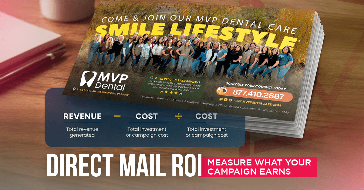 Direct mail ROI calculation graphic featuring an MVP Dental Care Smile Lifestyle postcard campaign and a revenue-versus-cost formula. The image illustrates how to calculate direct mail campaign ROI by comparing total revenue generated with campaign investment, helping marketers measure direct mail performance, profitability, and return on investment.