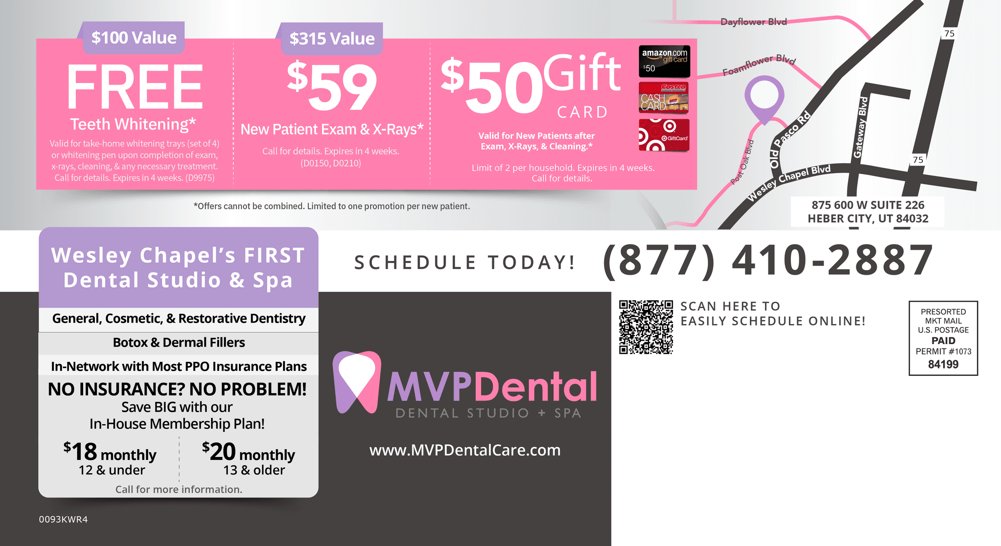 Marketing postcard for MVP Dental emphasizing $50 off a new patient visit, showcasing a portrait of Dr. John Doe, a young male dentist with a friendly smile, wearing a blue tie and white shirt. The card highlights various dental services and financing options, with a backdrop of a map showing the clinic's convenient location near Interstates 1 and 13 in Heber City, Utah. Text promotes the ease of scheduling and states NO INSURANCE? NO PROBLEM! with mentions of an in-house membership plan.