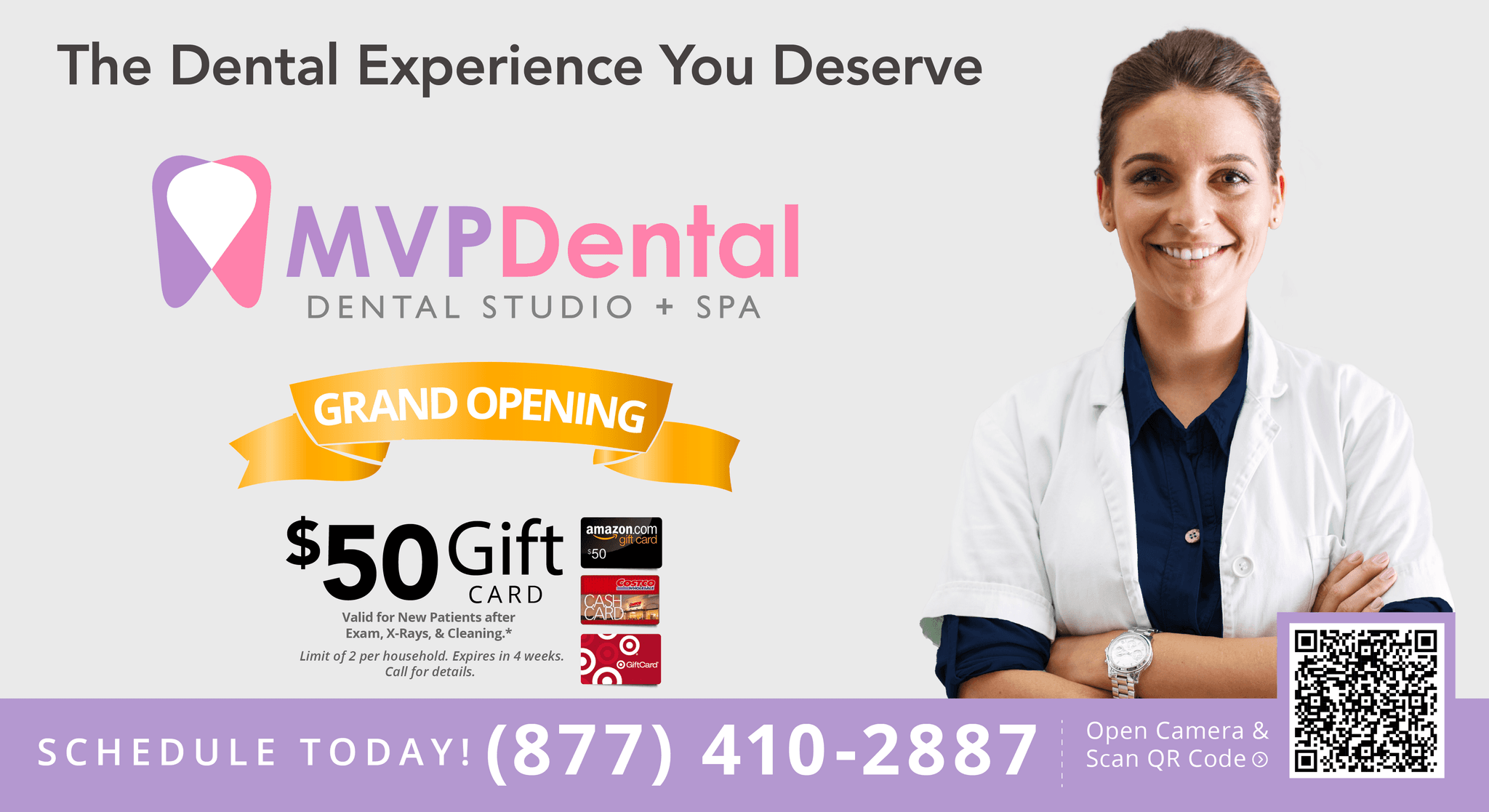 This promotional postcard for MVP Dental features a happy, smiling family of four — a father, mother, son, and daughter — embracing in a close, affectionate group hug. The family is casually dressed, suggesting comfort and approachability. The card highlights MVP Dental's prompt service with the text Don't Wait Months for Your Next Dental Appointment! We can see you same-day or next-day! prominently displayed. The clinic welcomes new patients and emphasizes its ability to accommodate immediate appointments. The logo of MVP Dental, contact number 877-410-2887, and the website www.MVPDentalCare.com are also included, with a background that blends a soothing blue into a subtle purple at the base of the card.