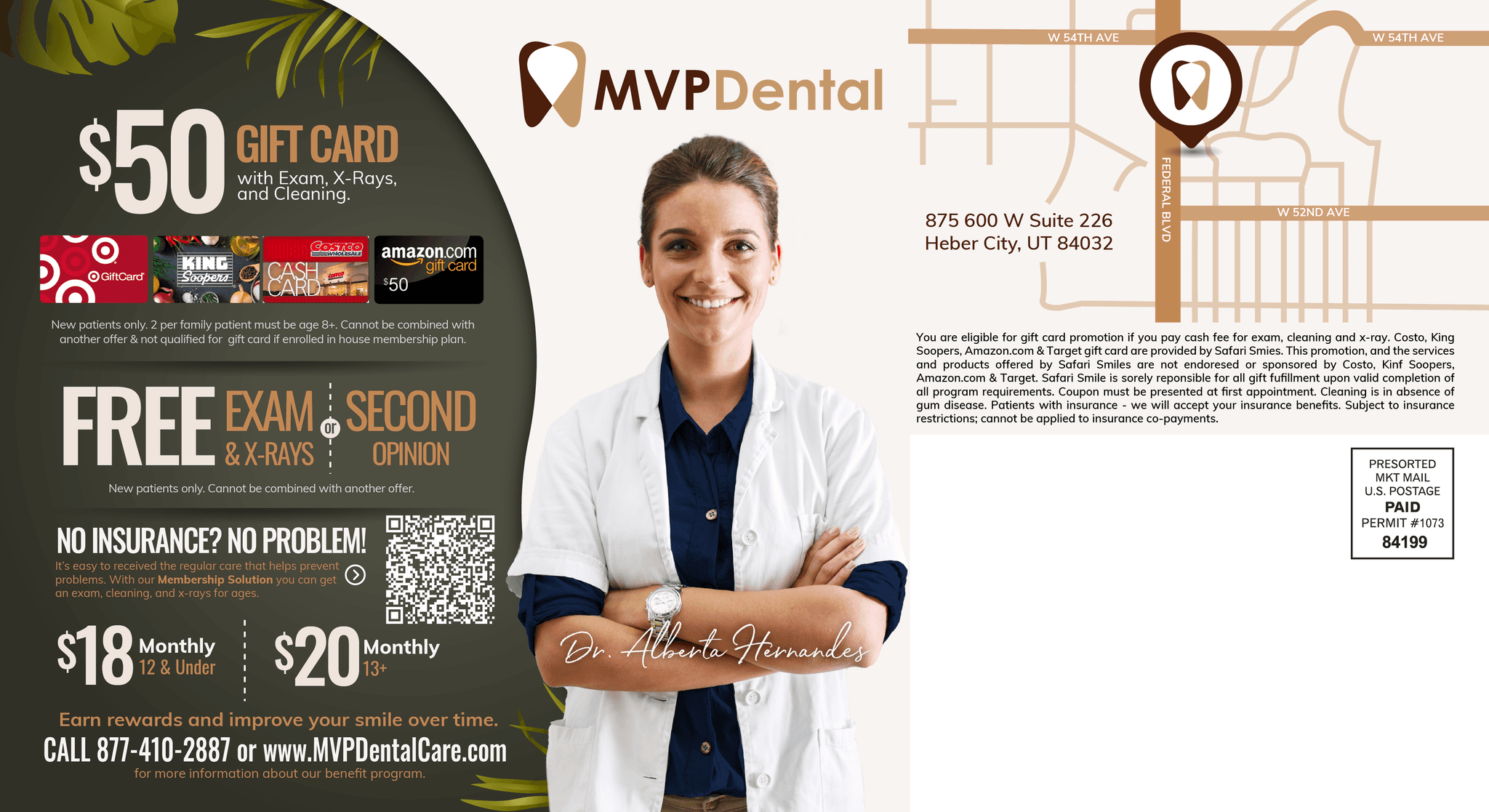 This professional postcard features a variety of promotional dental offers from MVP Dental, set against a sophisticated blue and gray color scheme. On the left, a cheerful portrait of Dr. John Doe in a blue suit complements the offers, including $500 off on first dental implants and clear aligners, a $1 special for a new patient exam and X-ray, and free consultations. Each offer is detailed with conditions such as being available only to new cases without insurance. The right side showcases an elegant image of the MVP Dental office interior, highlighting a modern reception area with chic furniture and stylish decor. The bottom section of the postcard includes a glowing Google review praising Dr. Doe’s office for comfort and professionalism, enhancing trust and appeal. Contact information and a website URL are prominently displayed, inviting immediate action.