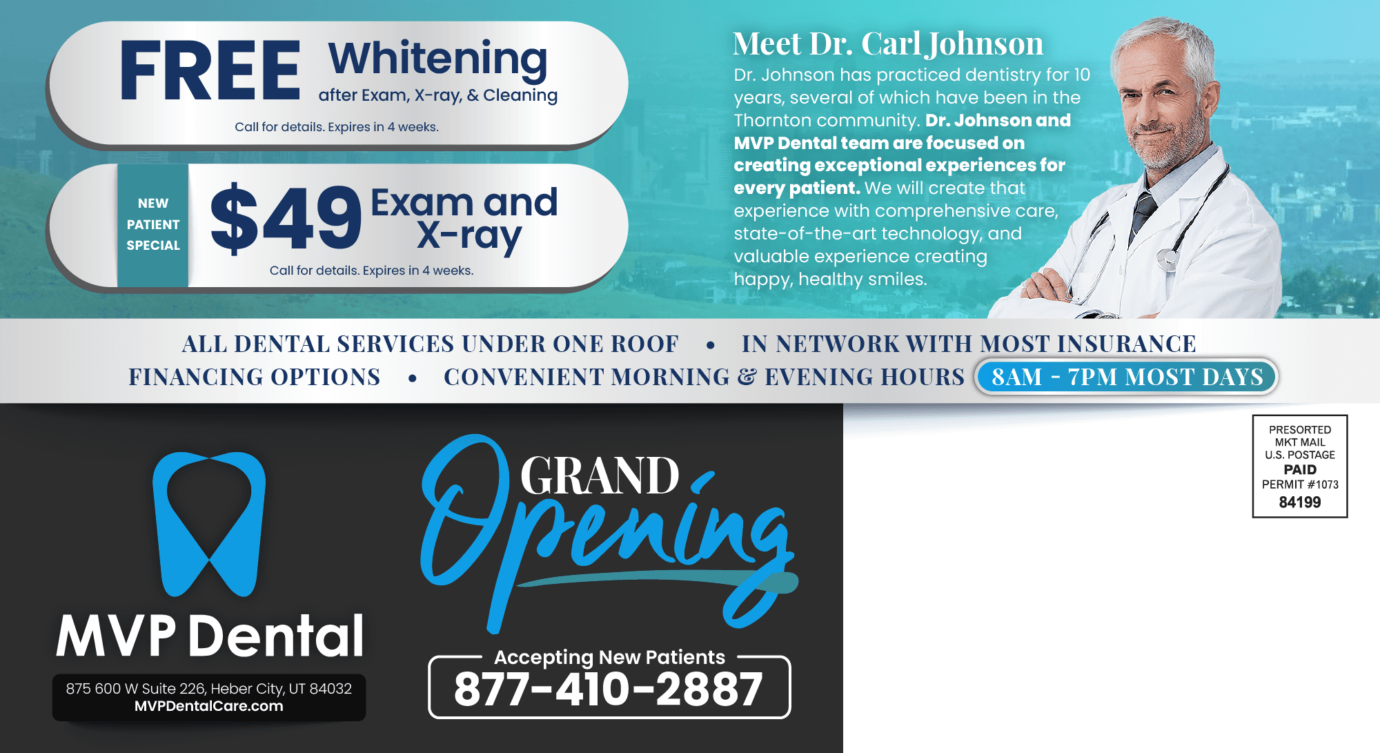 This promotional postcard for MVP Dental Pediatric Dentistry features a dynamic and colorful design customized to attract families. The postcard is divided into three main sections with vibrant orange and pink tones. On the left, there's a $75 New Patient Special offer which includes an exam, X-rays, and cleaning, illustrated with a professional photo of Dr. John Doe, a board-certified pediatric dentist, smiling confidently. In the center, two free offers are highlighted: a Free Exam for toddlers and a Free Owala Water Bottle with specific conditions. These sections are adorned with icons representing pediatric dental care and a vibrant graphic of the water bottle. The right side of the postcard includes a map pinpointing the clinic's location in Heber City, Utah, with contact information and an invitation to visit their website or scan a QR code for more details. Additional badges indicate the clinic's credentials and its status as a veteran-owned business, enhancing trust and credibility.