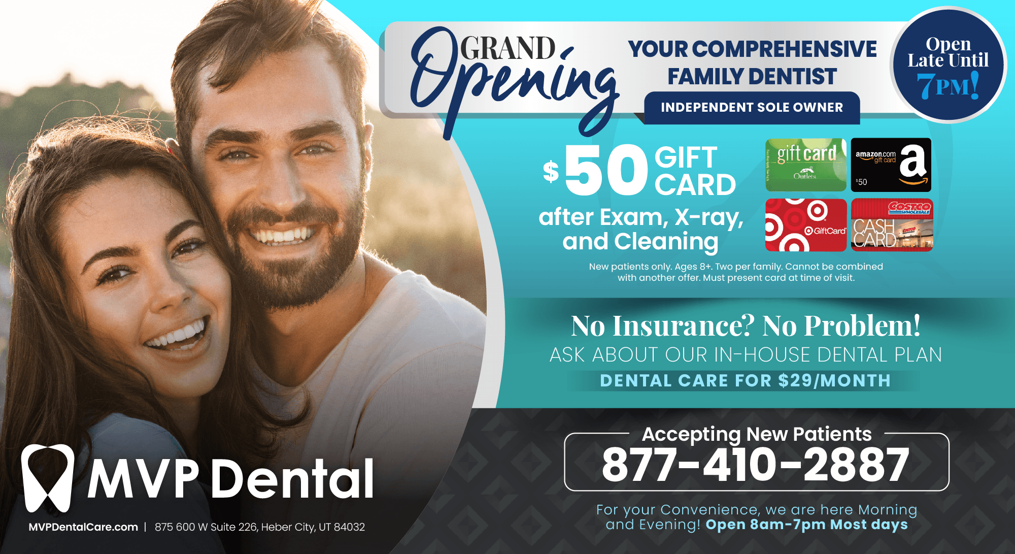 This vibrant promotional postcard announces the grand opening of MVP Dental Pediatric Dentistry. The background is a bright pink, giving a cheerful and energetic vibe suitable for a pediatric audience. The top of the postcard features the MVP Dental logo in white and black with a blue speech bubble stating Pediatric Dentistry. Below the logo, a diverse group of four happy children—three girls and two boys—pose together, smiling broadly, dressed in casual colorful clothes. A playful cartoon unicorn dances in the foreground, adding a whimsical touch. A prominent Google review at the bottom praises the friendly and patient staff, highlighting a positive dental experience for children, which reinforces the inviting atmosphere of the clinic. Additional information includes a Use it or Lose it! reminder about dental benefits, the clinic's contact number, and the website URL, all designed to encourage immediate booking.