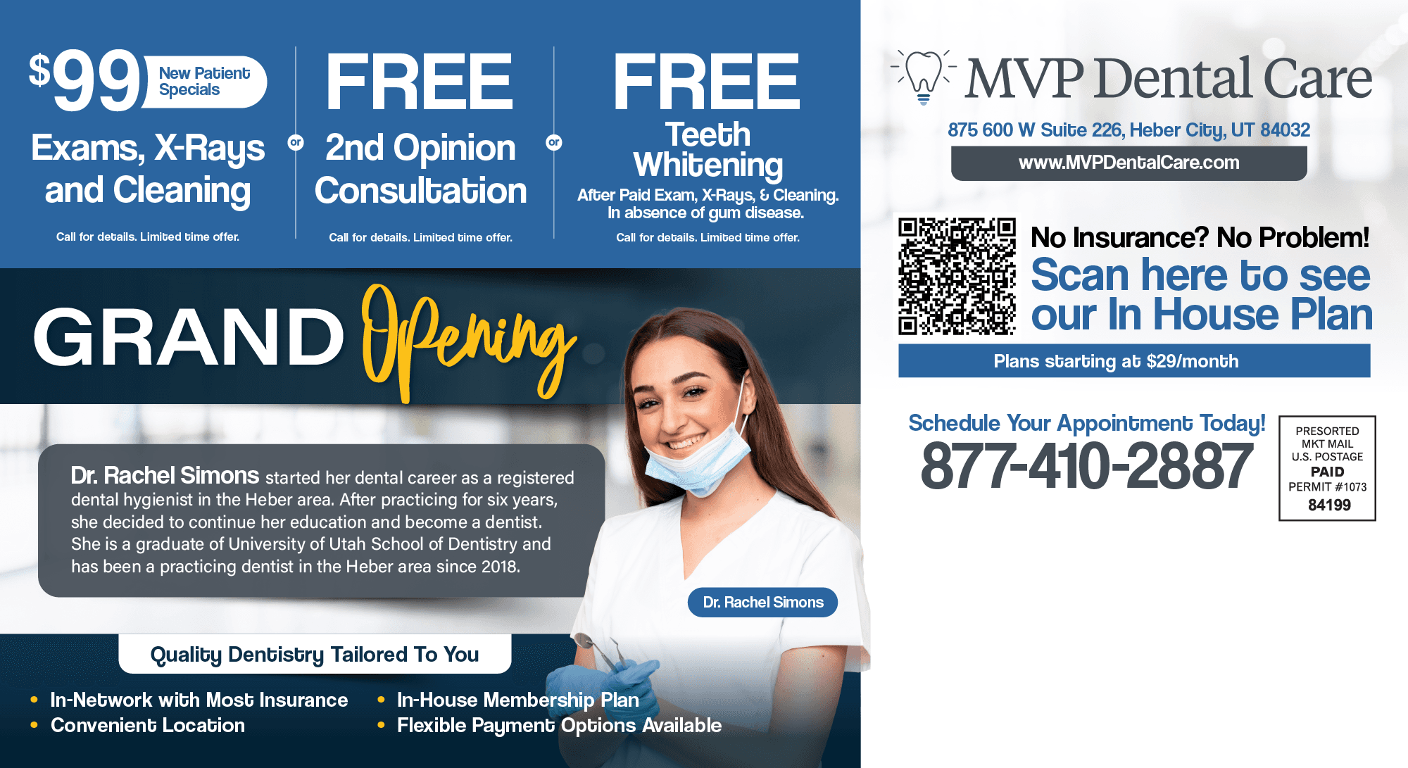 This informative and inviting postcard is designed for MVP Dental, highlighting their pediatric dental services in Heber. The postcard features a serene, blue-green background overlaid with images of smiling children blurred subtly behind the text, conveying a child-friendly atmosphere. It prominently displays various promotional offers, including a $129 New Patient Special that encompasses a comprehensive examination, cleaning, and fluoride treatment, emphasizing its value of $400. Additional offers include a $50 Amazon Gift Card for the first 50 patients and a FREE Electric Toothbrush valued at $40, aiming to attract families. A portrait of Dr. John Doe, described as a Board Certified Pediatric Dentist, lends a personal touch and credibility. The postcard also lists key attributes of the clinic like offering dentistry for all ages from infants through teens, same-day emergency care, and being in-network with most PPO insurance plans. It ensures accessibility and convenience with a clear call to action for scheduling appointments and a map pinpointing the clinic's location at 875 S 6th W, Ste 201, Heber City, UT 84032, alongside contact information and a website URL. The design effectively balances promotional content with essential service information, making it a valuable tool for patient outreach.