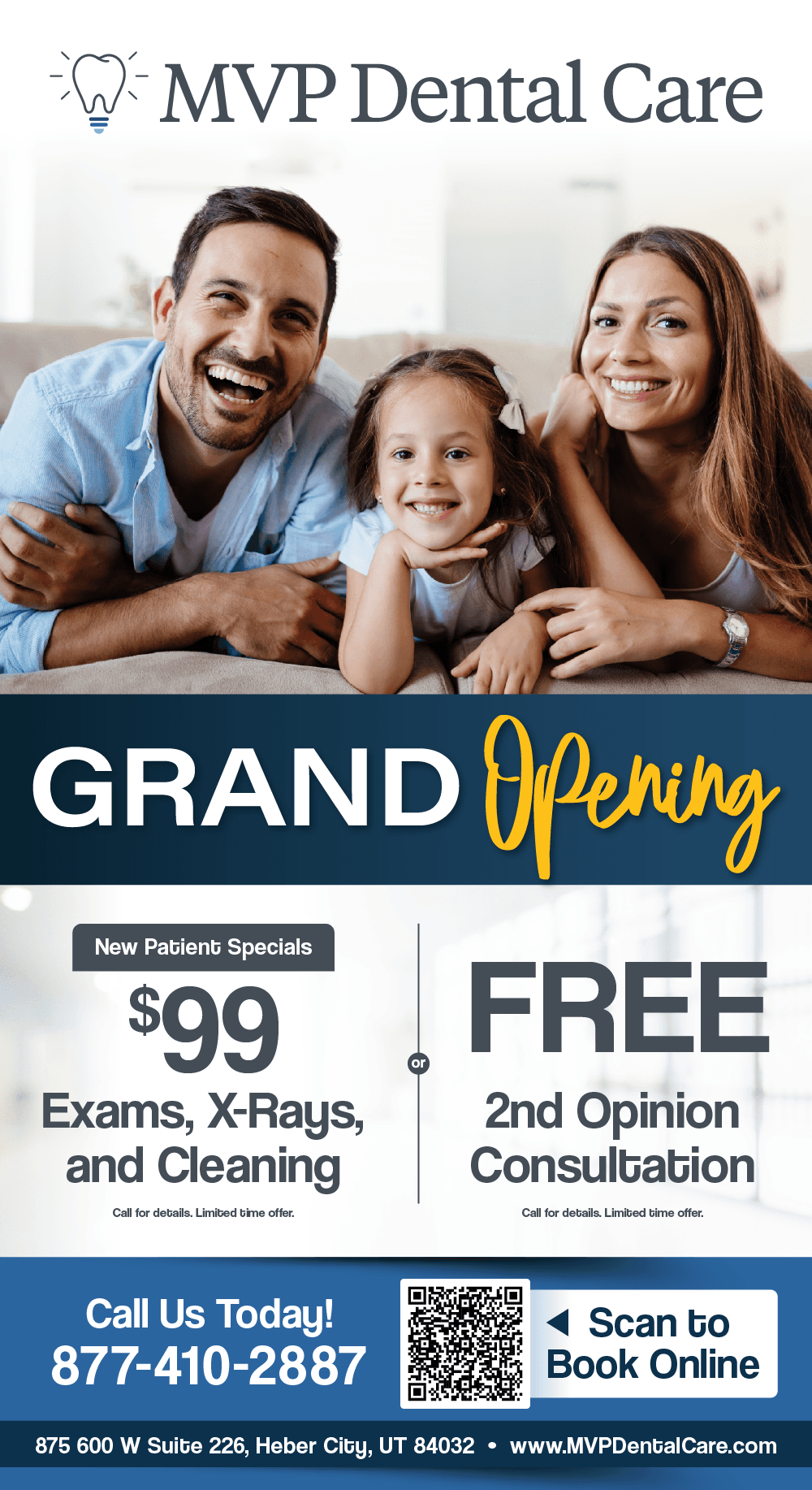 This vibrant and eye-catching promotional postcard celebrates the grand opening of MVP Dental. The background features a dynamic blue color with confetti elements, emphasizing a festive and welcoming atmosphere. Prominently displayed at the top is the MVP Dental logo in white, underscored by the phrase GRAND OPENING in large, bold lettering. The postcard offers several enticing promotions to attract new patients, including a $129 New Patient Special that covers a comprehensive exam, cleaning, and fluoride treatment, valued at $400. There are also exclusive offers like a $50 Amazon Gift Card for the first 50 patients and a FREE Electric Toothbrush valued at $40. The postcard features cheerful portraits of children, enhancing the family-friendly appeal of the dental practice. Additional details include the encouragement to use dental benefits before they expire at the end of the year and a QR code for easy access to more information. Contact details and social media prompts invite further engagement, all set against a structured and color-coordinated layout to ensure easy readability and appeal.