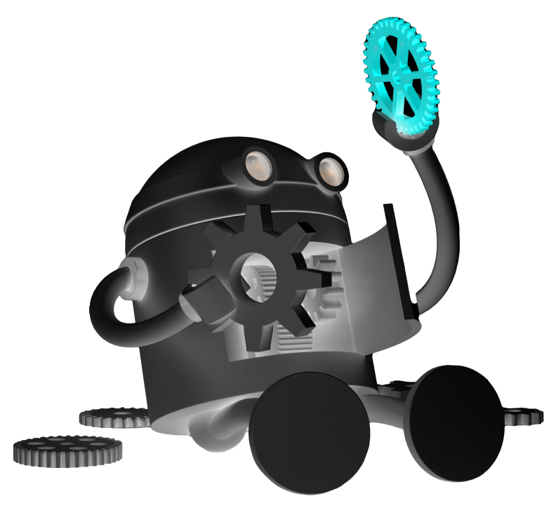 Black cartoonish robot with mechanical arms and gears, holding a document and a blue gear