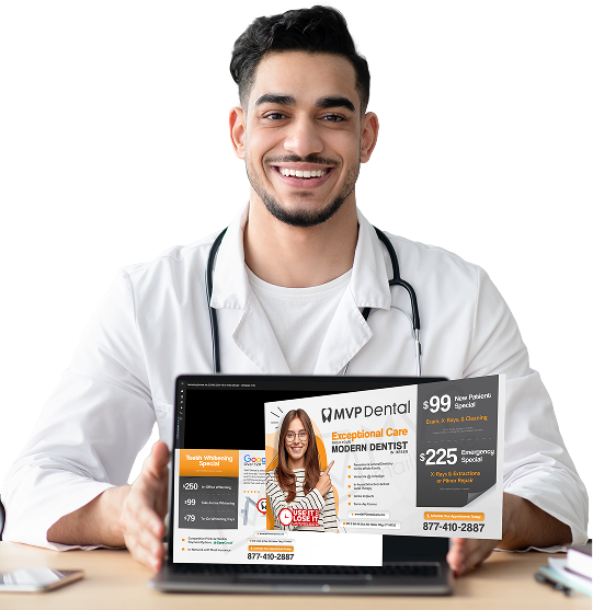 Dentist holding MVP Mailhouse postcard design