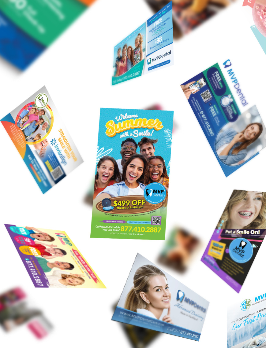 Collection of MVP Mailhouse promotional cards for various services floating in space