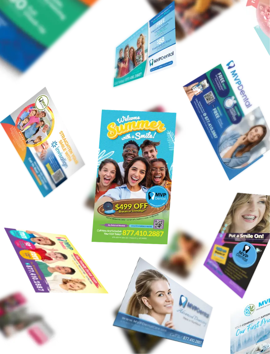 Collection of MVP Mailhouse promotional cards for various services floating in space