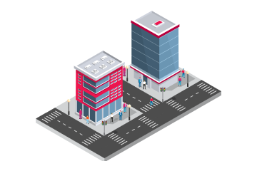 Isometric illustration of two buildings on a street corner, representing business-to-business services