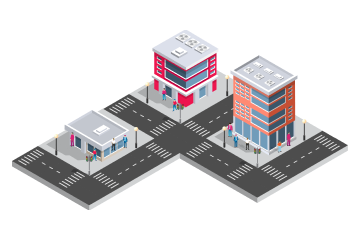 Isometric illustration of a modern corporate building representing an established business