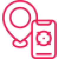 Icon of a magnifying glass and pin, symbolizing location tracking.