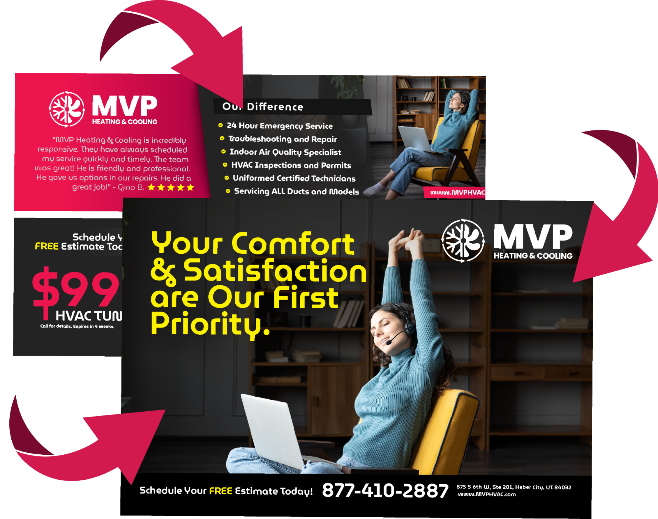 HVAC service promotion postcard featuring a woman comfortably relaxing, emphasizing customer satisfaction.