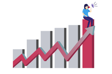 Woman standing on a red upward-trending graph, holding a megaphone, symbolizing aggressive business growth