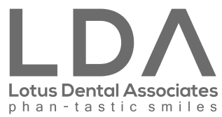 Logo of Lotus Dental Associates featuring the acronym LDA with the tagline 'phan-tastic smiles'