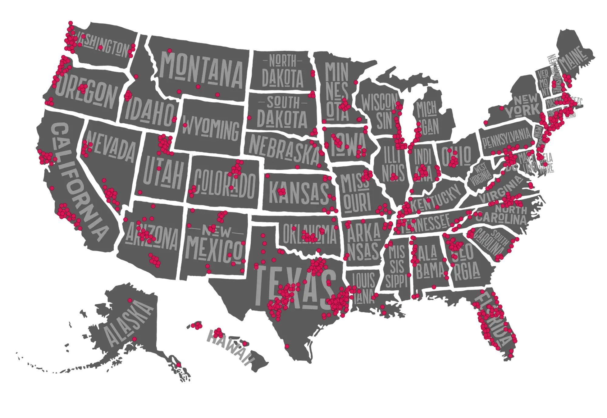 USA map in grayscale with red location pins marking specific points across various states